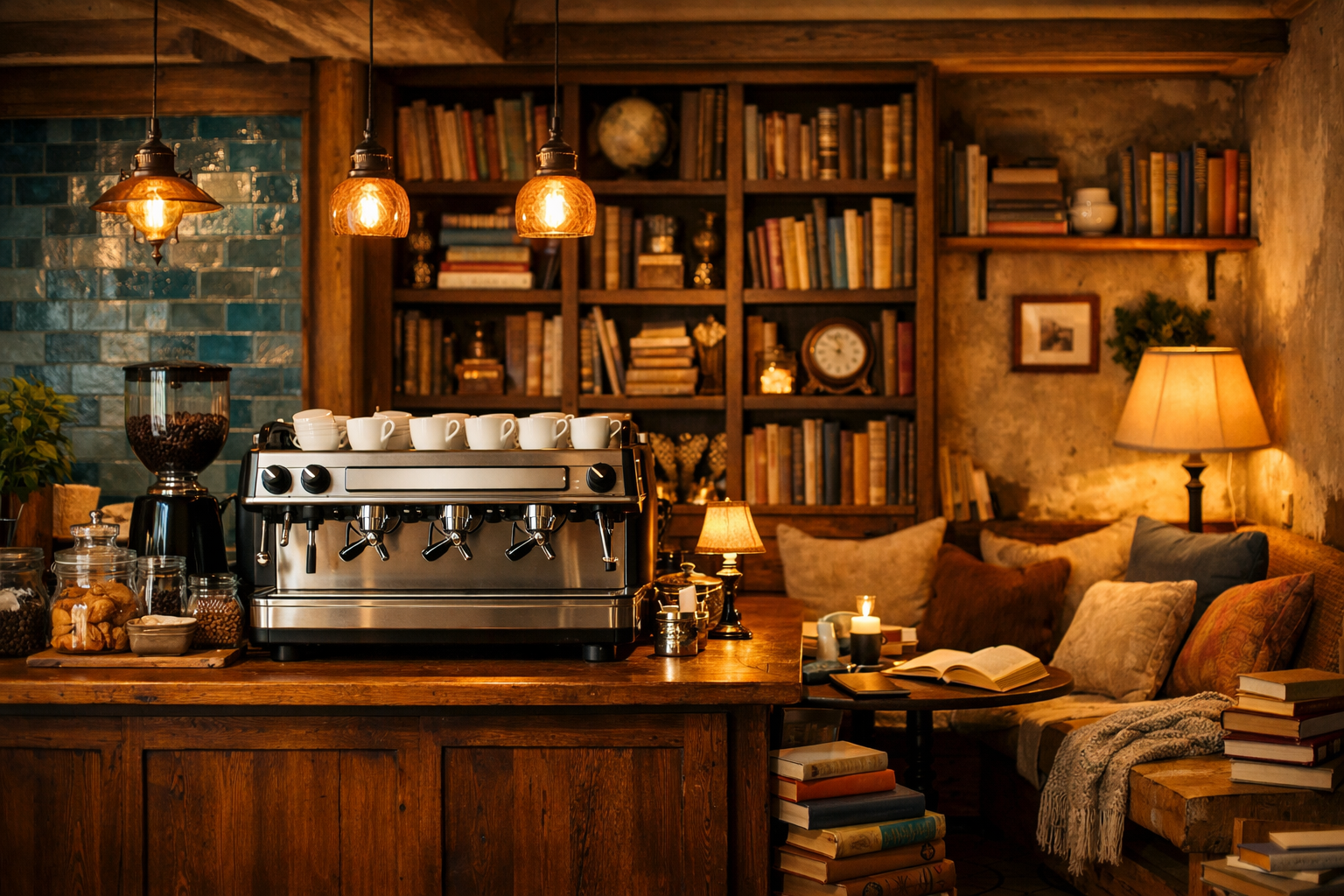 Warm cozy cafe interior with bookshelves, espresso machine and reading nook