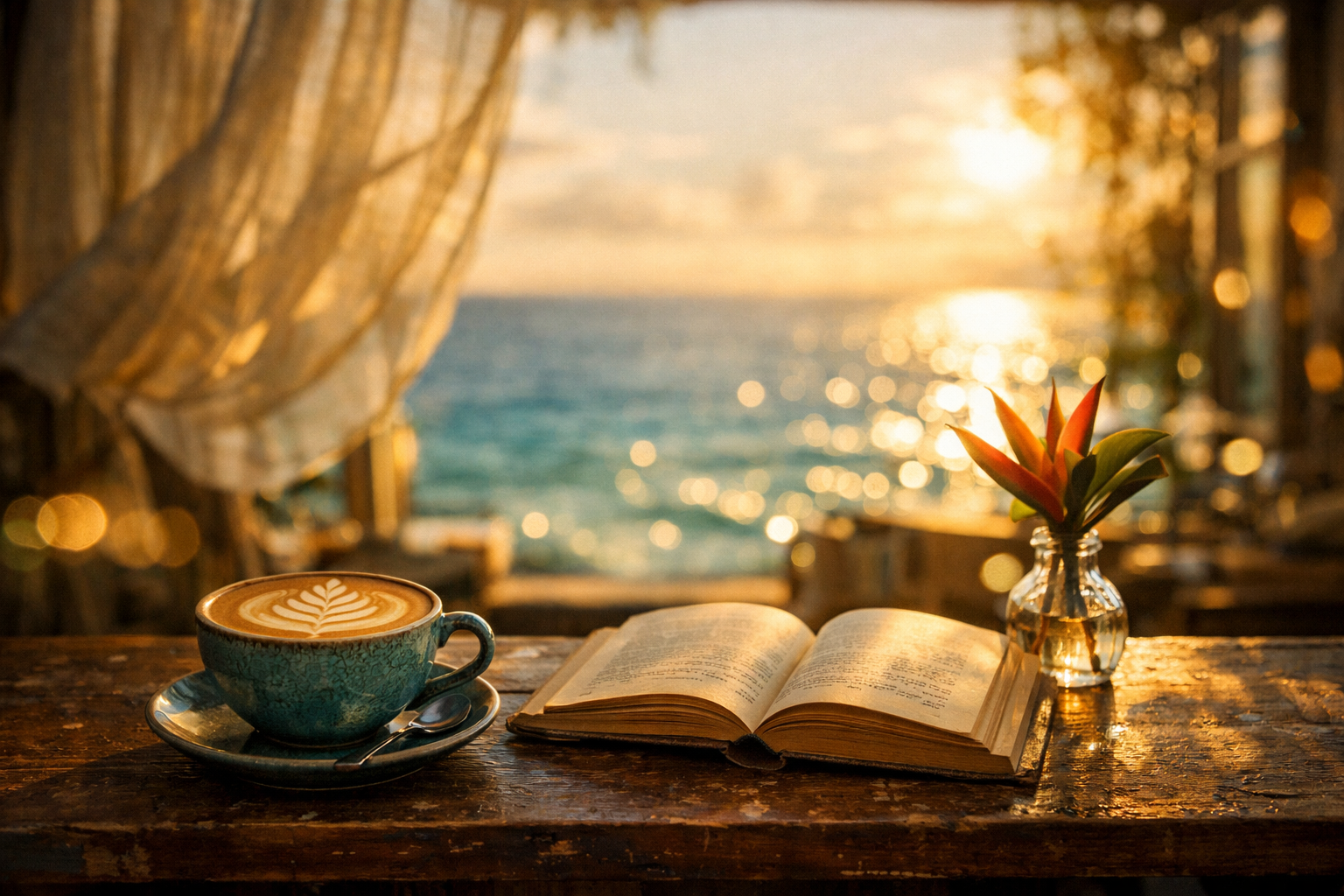 A beautifully crafted latte in a blue ceramic mug on a warm wooden table with ocean light