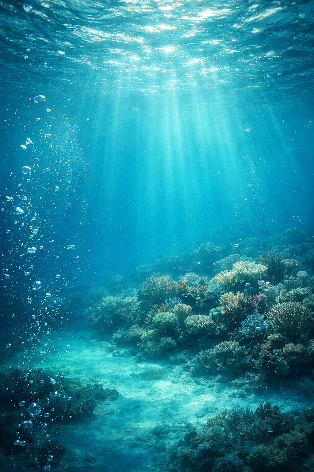 Peaceful underwater ocean scene with light filtering through the surface